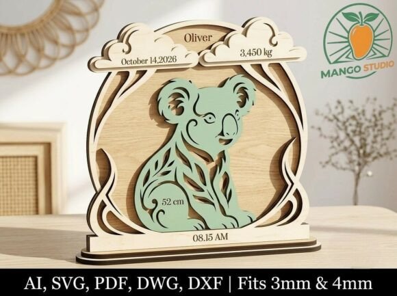 3D Koala Baby Birth Stats Laser SVG DXF: A Versatile Design for Custom Baby Announcements