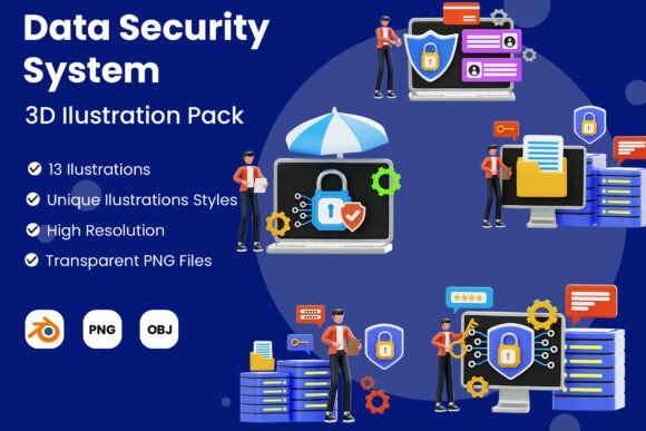 Data Security System 3D Illustration Pack: Visualizing Cybersecurity with Precision and Clarity